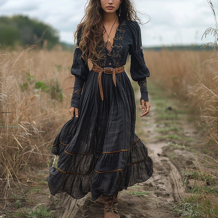 Embroidered Vintage V-Neck Long Sleeve Maxi Dress