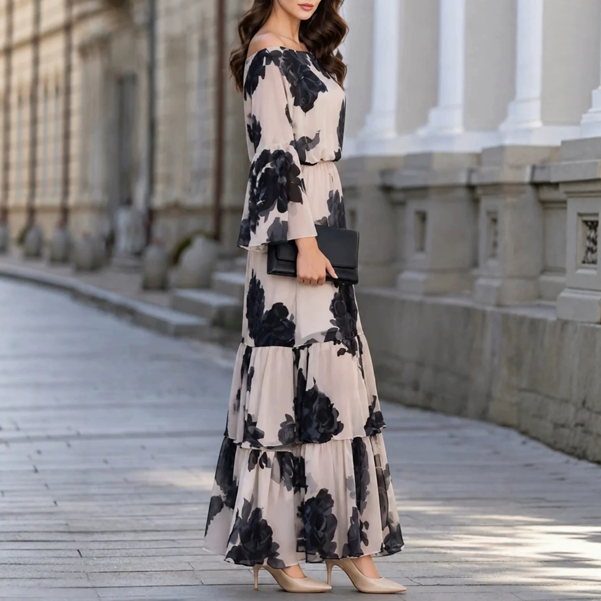 Off-Shoulder Floral Print Loose Long Dress with Bell Sleeves