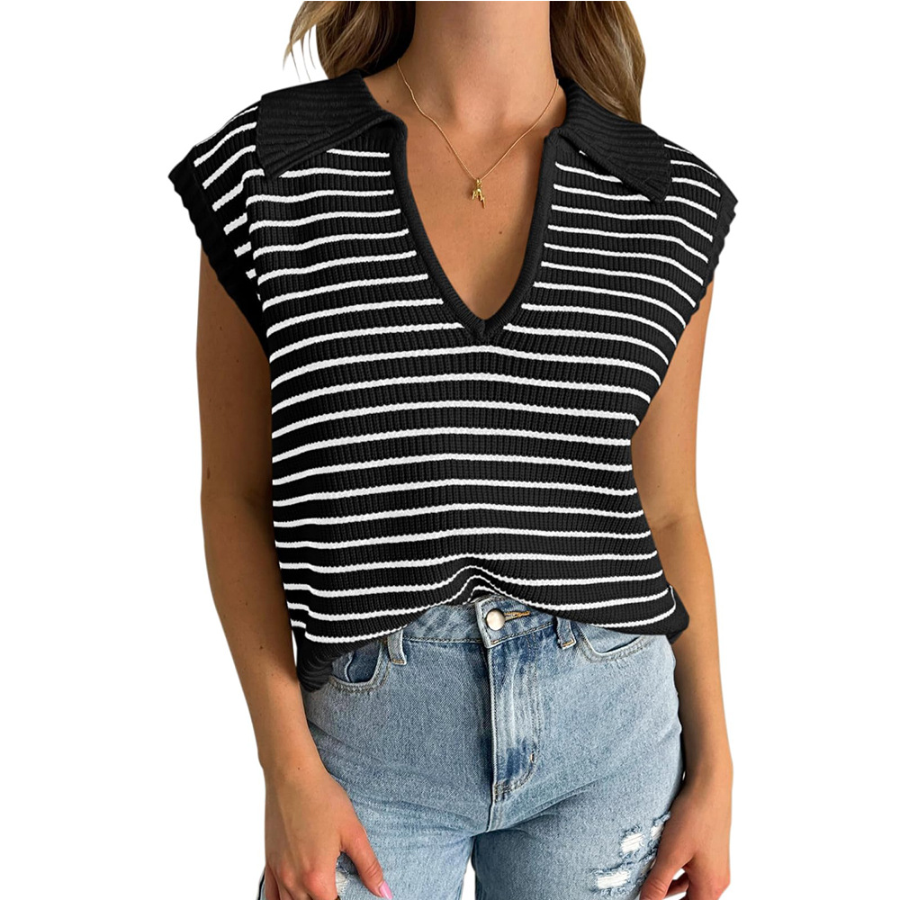 V-Neck Striped Knit Top with Collar
