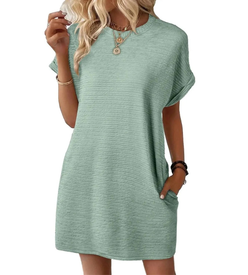Women's Loose Crewneck Pocket Solid Short Sleeve Dress