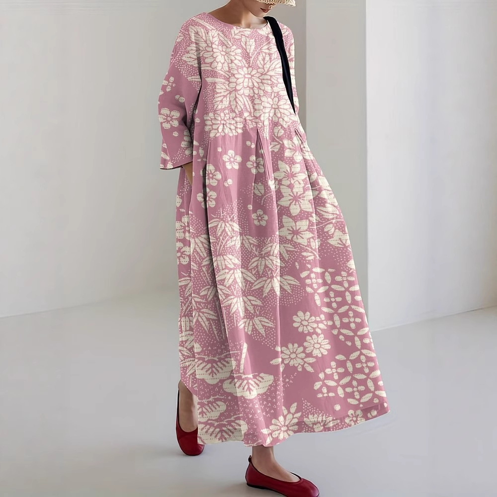 Women's Floral Print Casual A-Line Dress with U-Neck and Short Sleeves