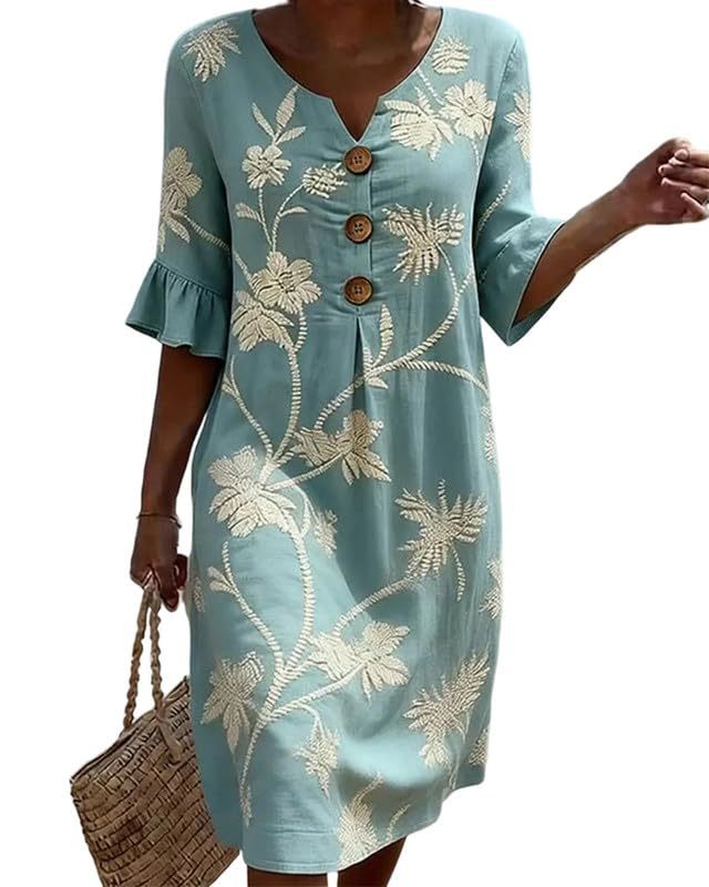 Women's Floral Print Ruched Three-Button Rolled-Sleeve Dress