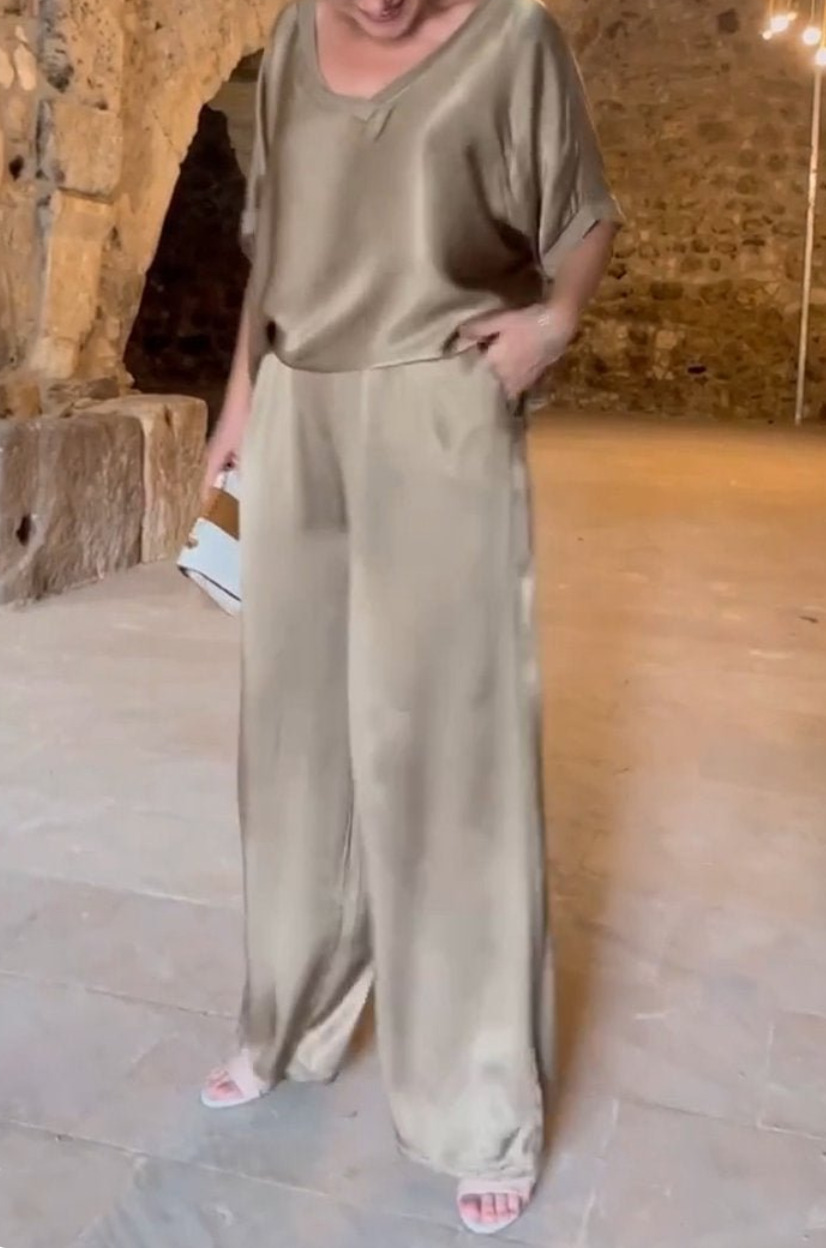 Women's Mercerized V-Neck Two-Piece Pants Set Solid Color Casual