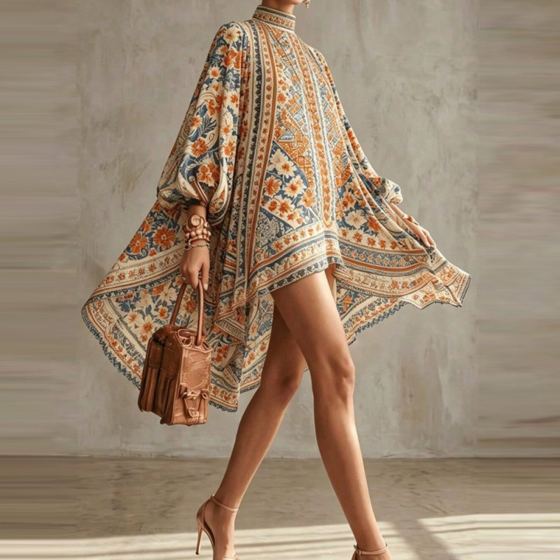 Women's Digital Print Midi Dress with Lantern Sleeves and Half Turtleneck