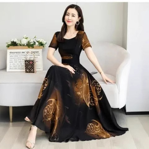 Women's Short Sleeve Round Neck Floral Print A-Line Midi Dress with Waist
