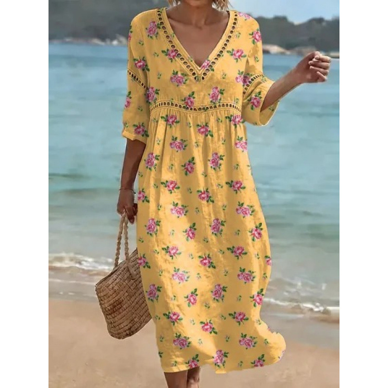 Women's Floral Print Pleated Midi Dress with Deep V-Neck and 3D Effect