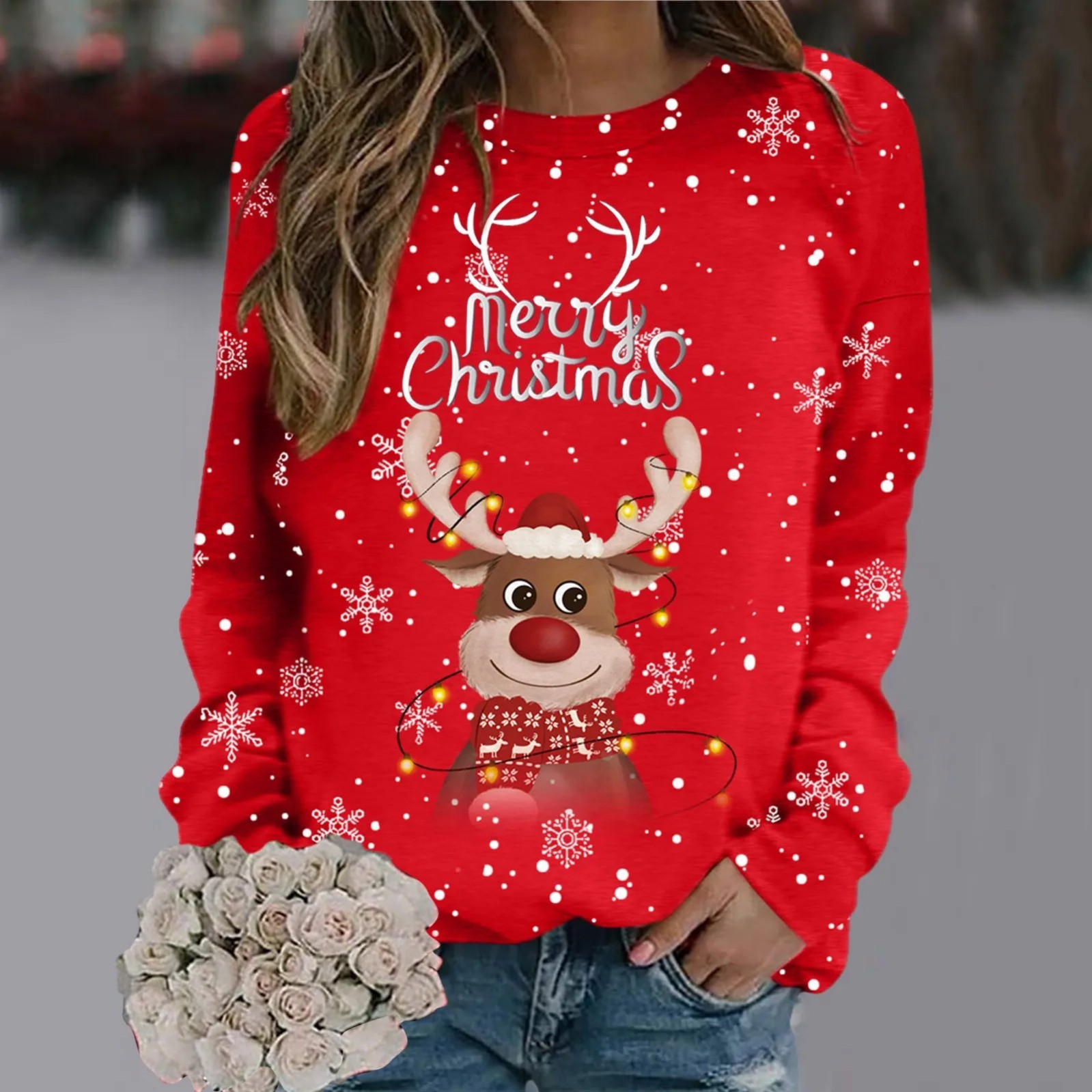 Women's Cartoon Animal Christmas Print Crewneck Sweatshirt