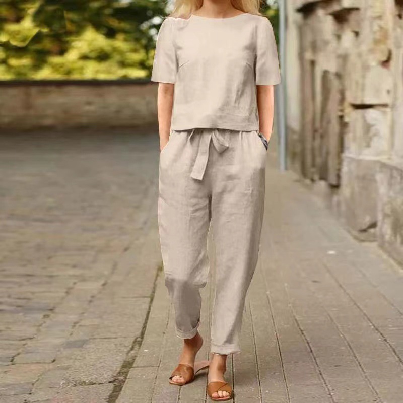 Women's Cotton Half-Sleeve Oversized Top and Pants 2-Piece Casual Set