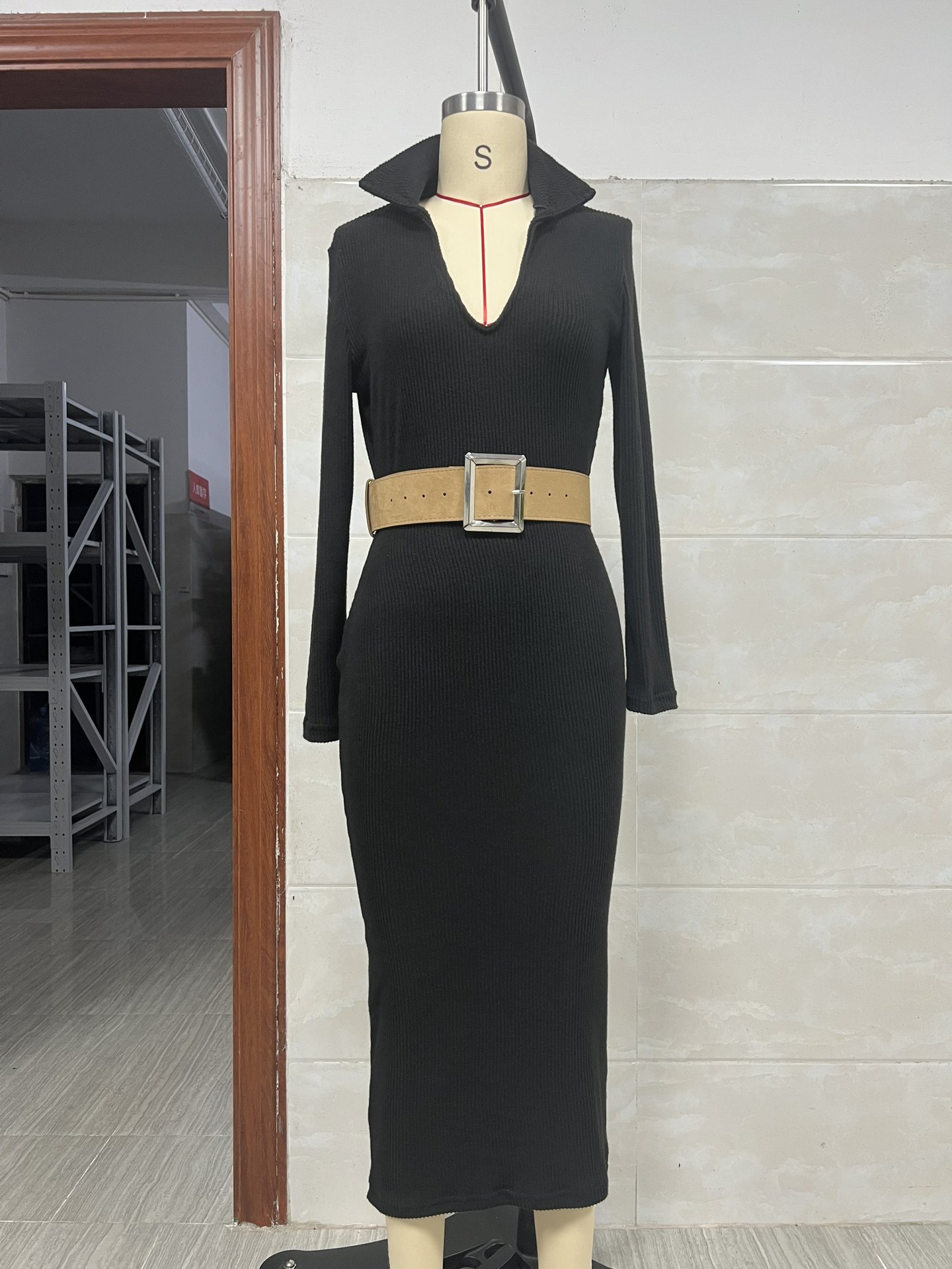 Women's Slim Fit Belted Midi Bodycon Dress High Neck Long Sleeve Knit