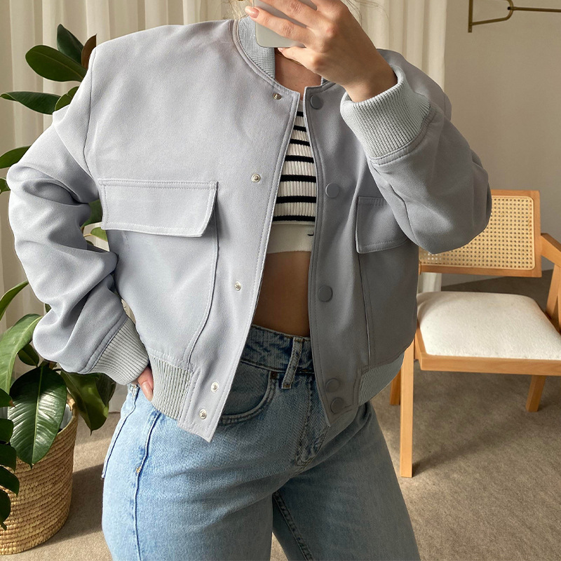Women's Round Neck Single-Breasted Solid Color Long-Sleeve Jacket
