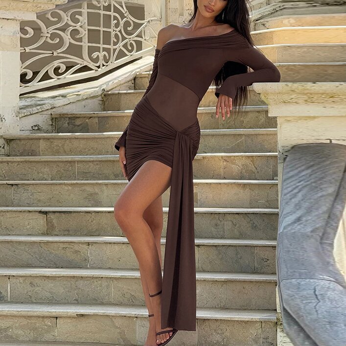 Elegant One-Shoulder Mesh Bodycon Dress with Ribbon Detail