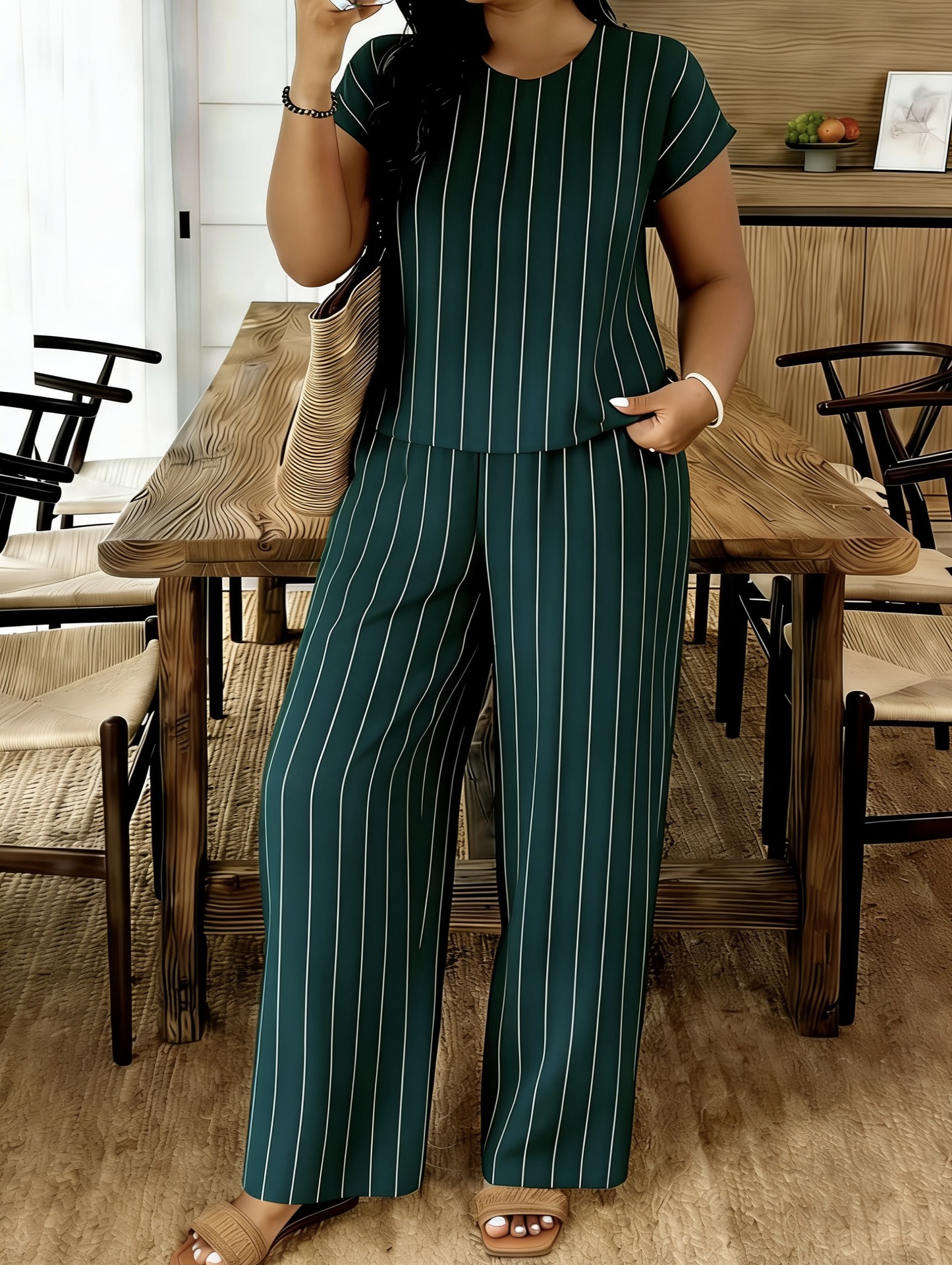 Women's V-Neck Top and Pants Set Casual Striped Two-Piece