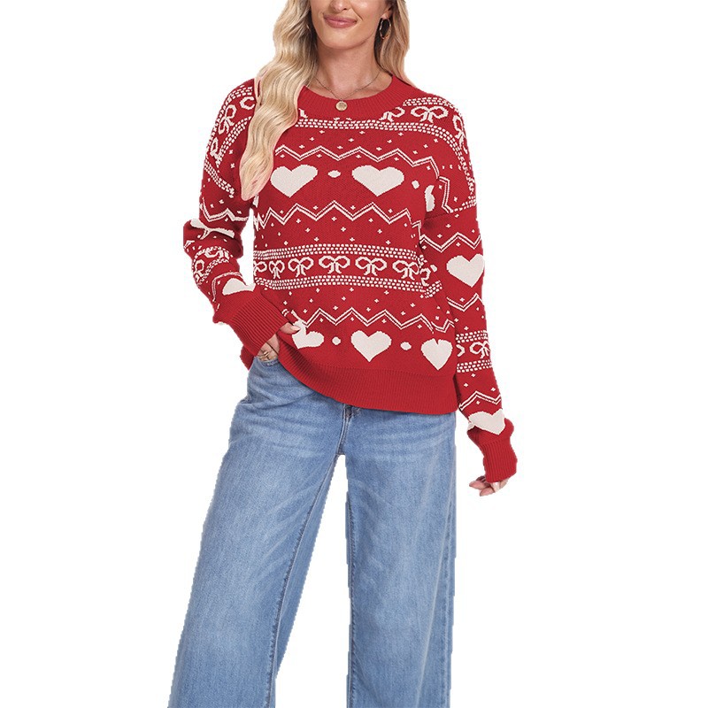 Heart Jacquard Knit Pullover Sweater Plus Size Crew Neck