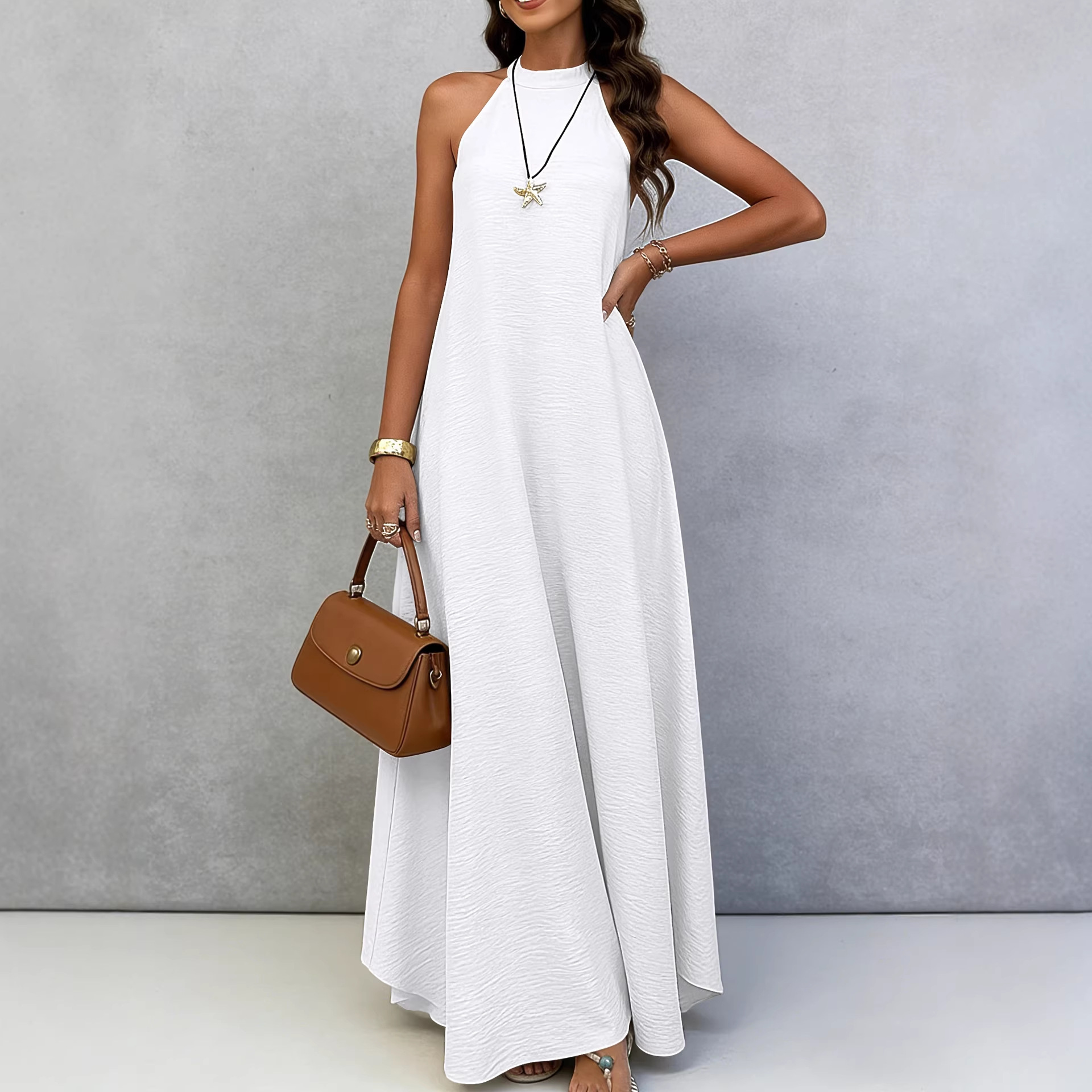 Women's Ice Silk Crinkle Sleeveless Maxi Dress Loose A-Line Solid Color Vacation