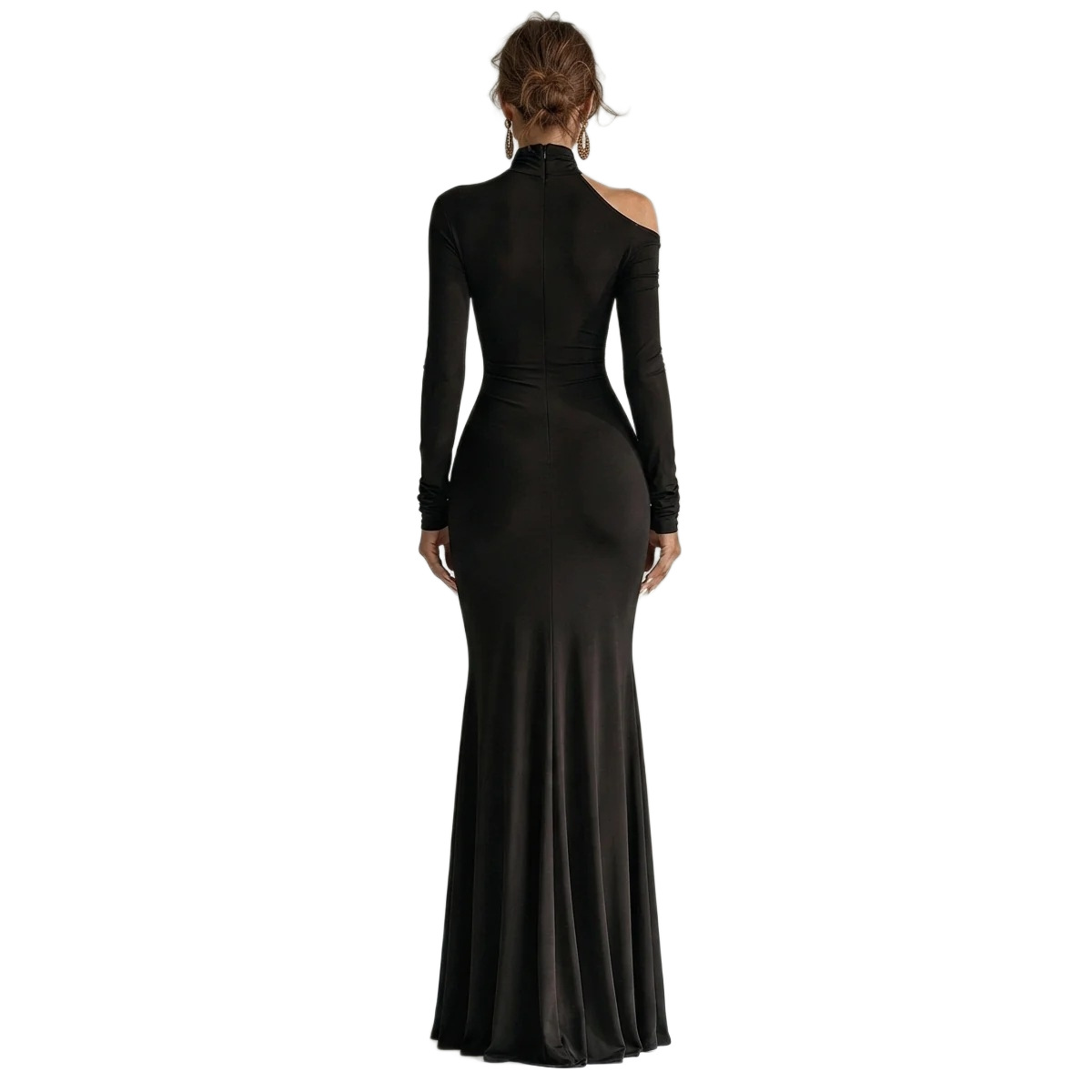 High Neck One-Shoulder Long Sleeve Mermaid Gown Ruched Slit Floor-Length