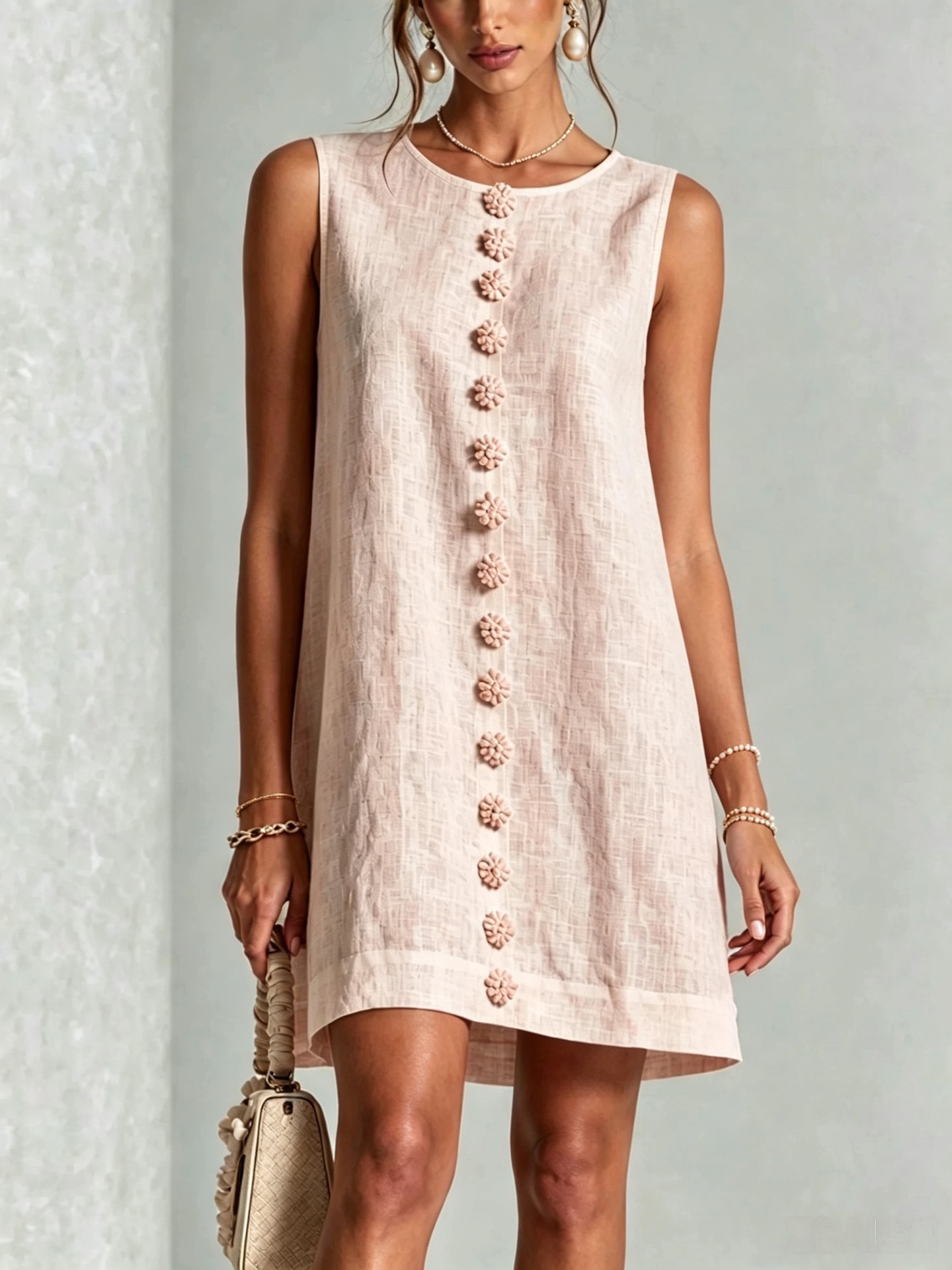 Sleeveless Round Neck Shell Button Front Slit Fitted Dress