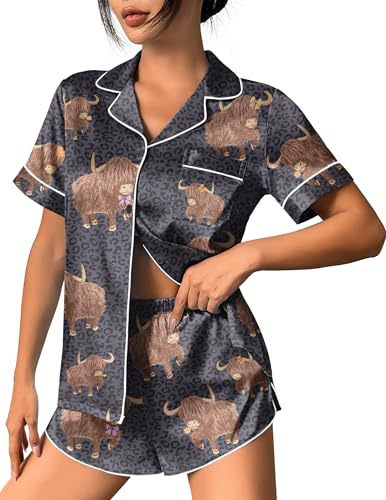 Women's Cuban Collar Leopard Tree Floral Monkey Print Short Sleeve Set