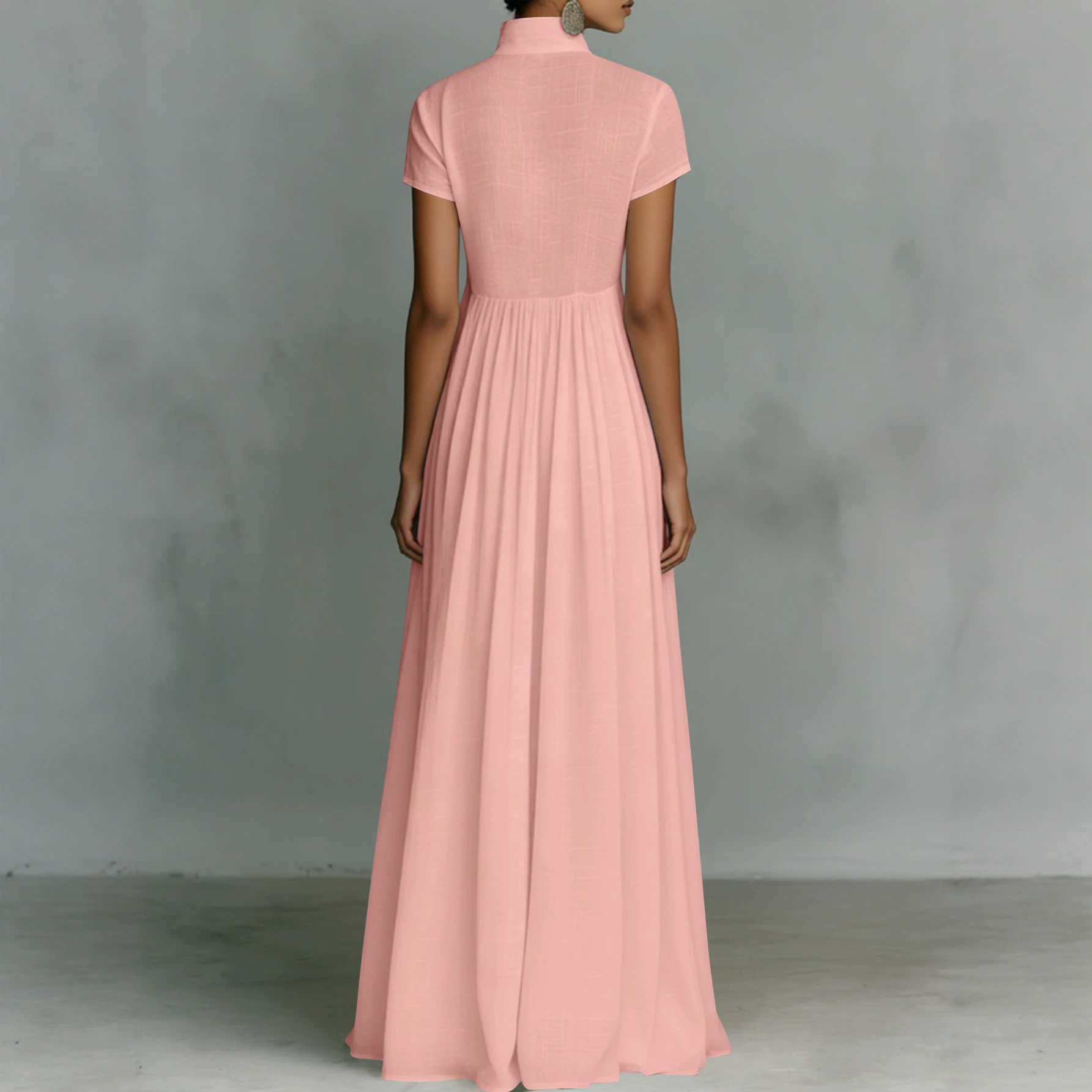 Elegant Stand Collar High Waist Pleated Flowy Maxi Dress