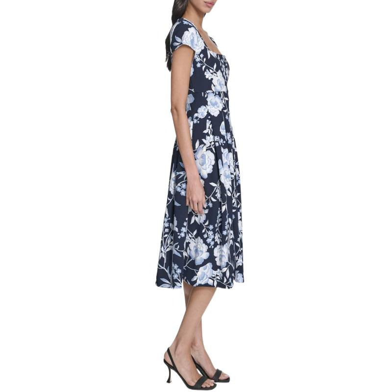 Floral Print Short Sleeve Midi Dress Square Neck A-Line