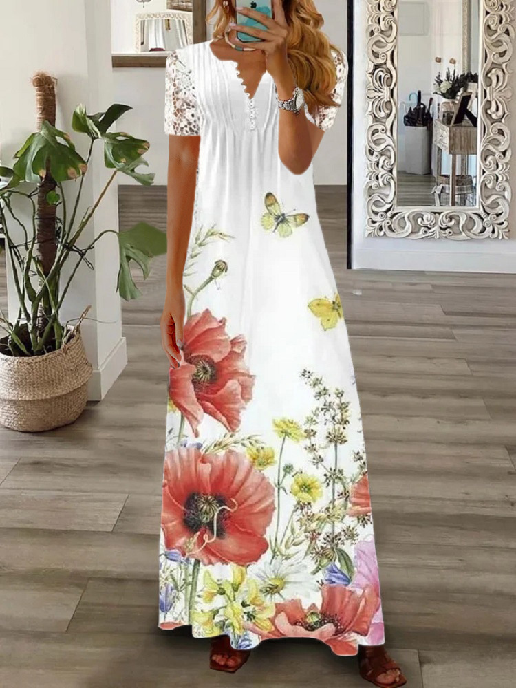 Floral Print Lace Short Sleeve Dress