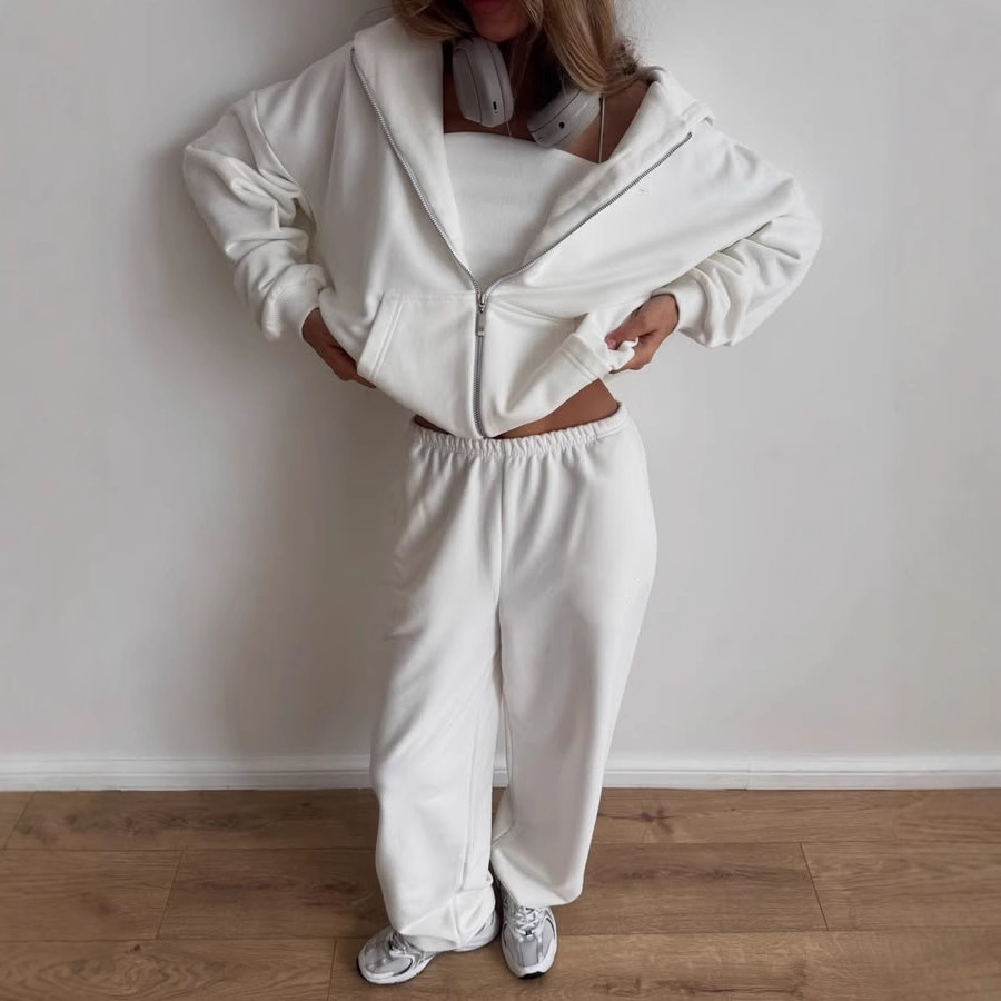 Women's Solid Color Hooded Cardigan Sweatshirt and Pants Set with Pockets
