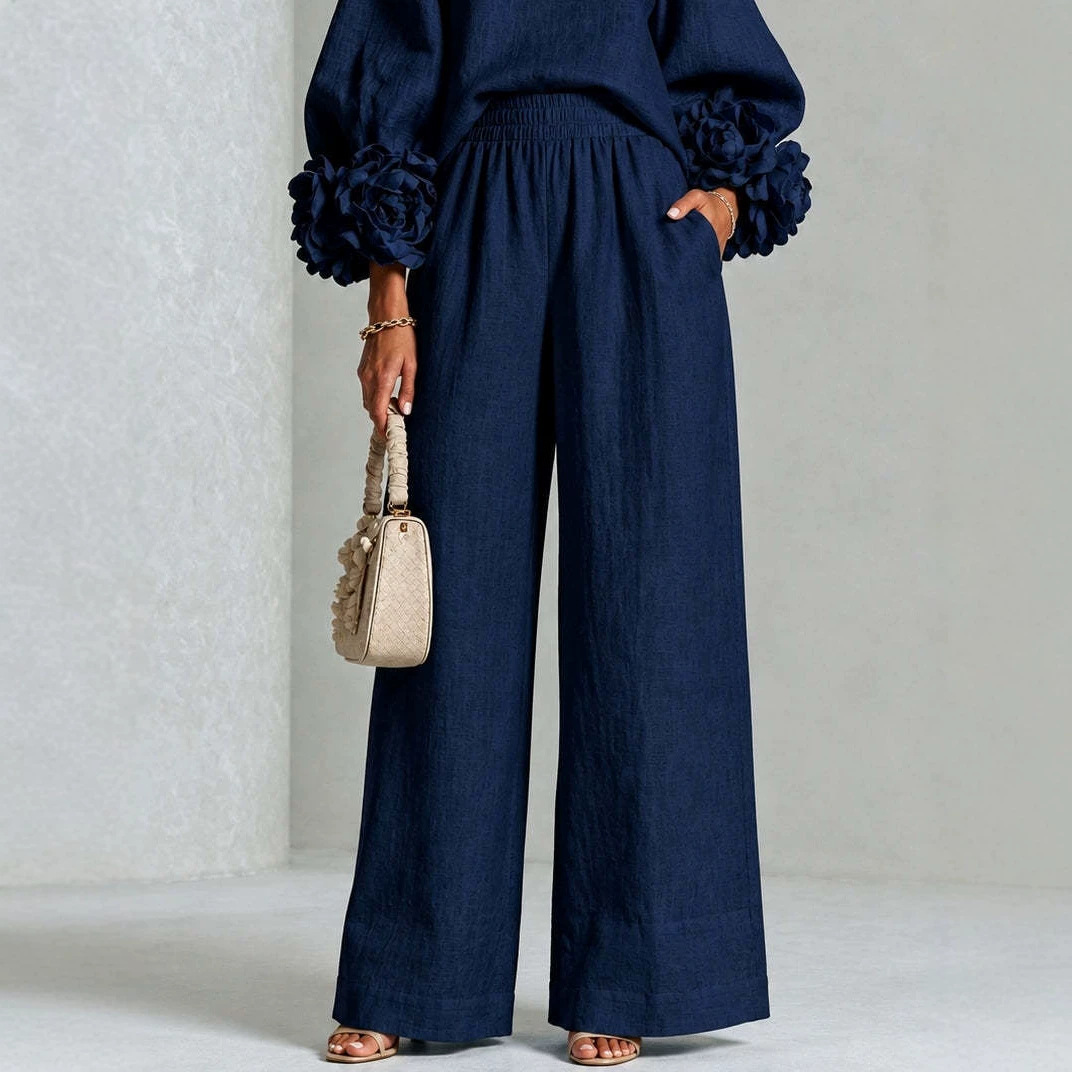 Floral Cuff Top and Wide-Leg Pants Set