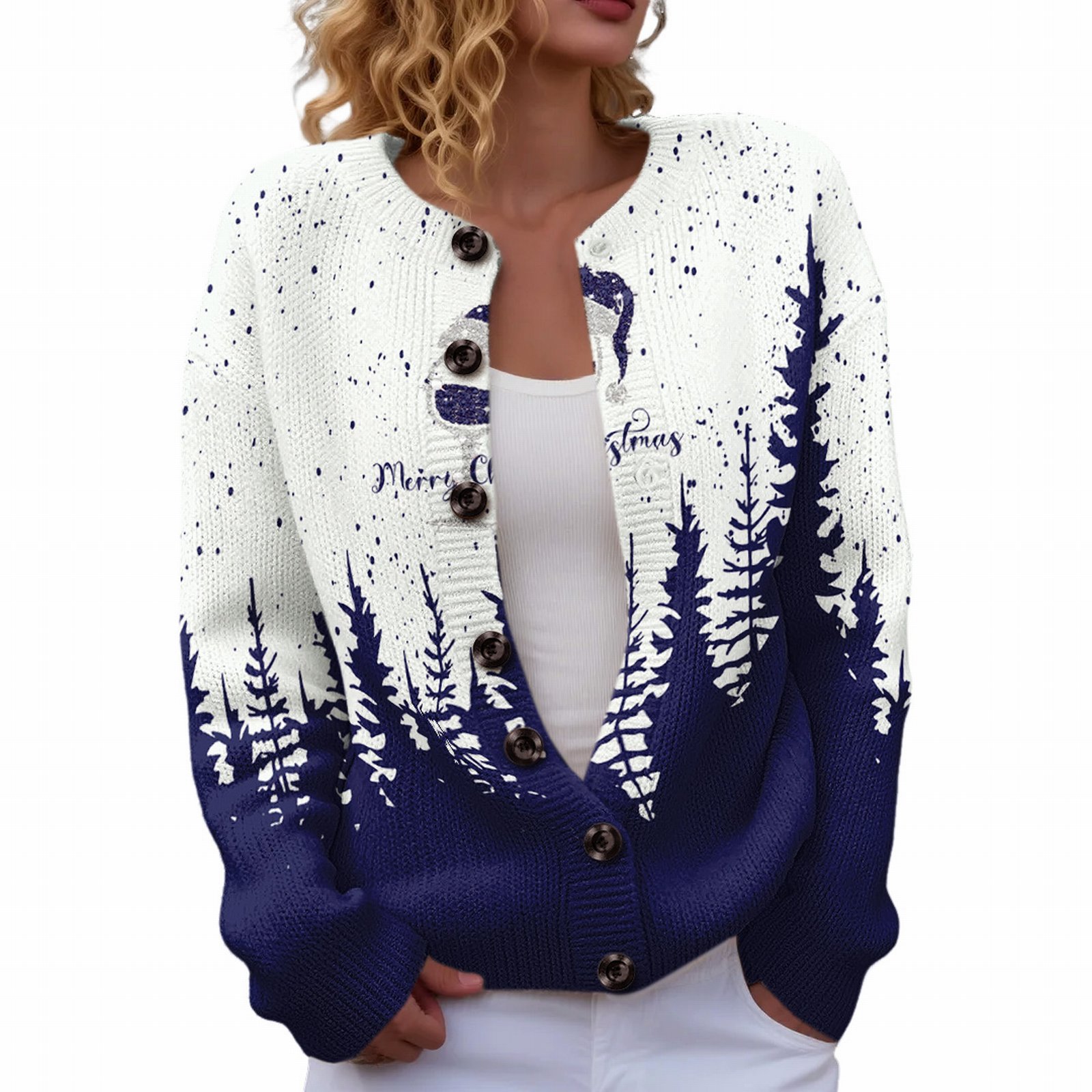 Women's Christmas Reindeer Forest Print Button Cardigan Sweater
