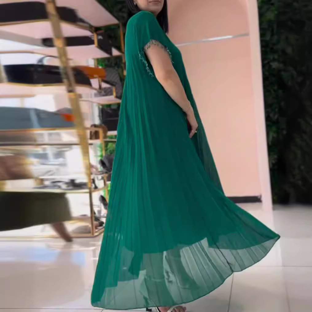 Women's Solid Color Round Neck Short Sleeve Pleated Dress