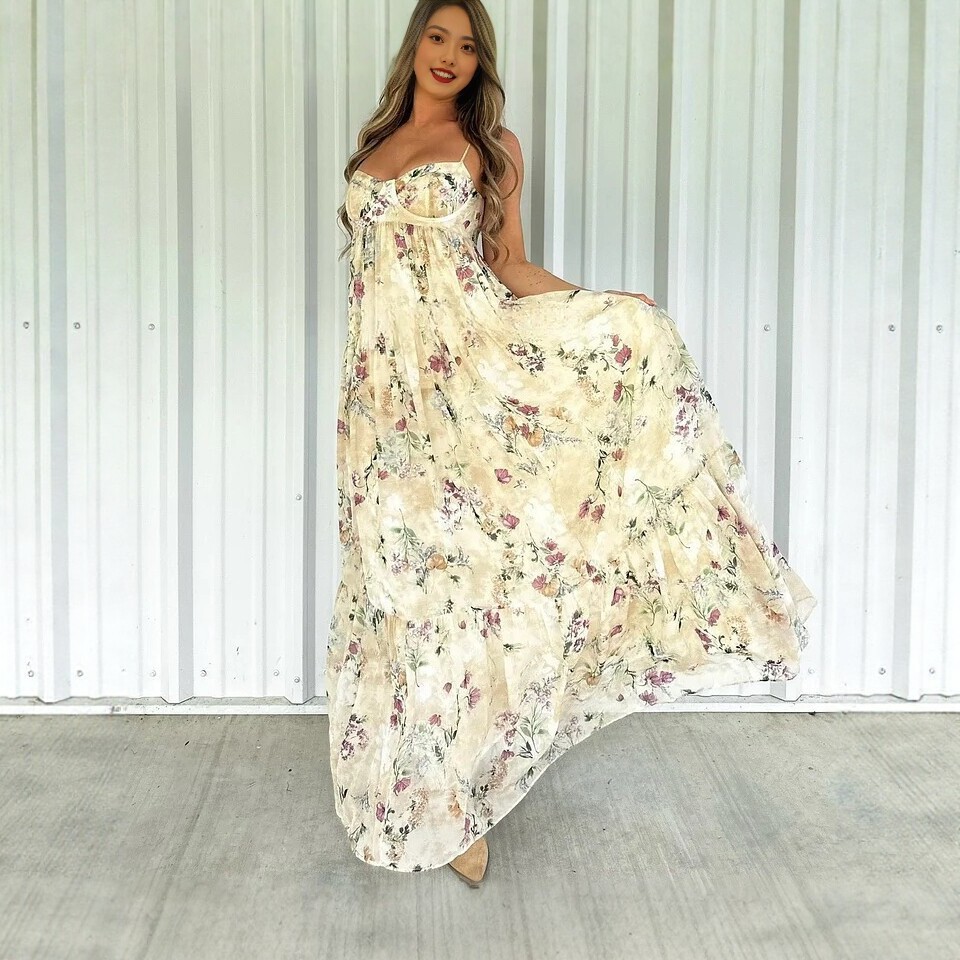 Women's Strapless Floral Print Maxi Dress High Waist Vacation