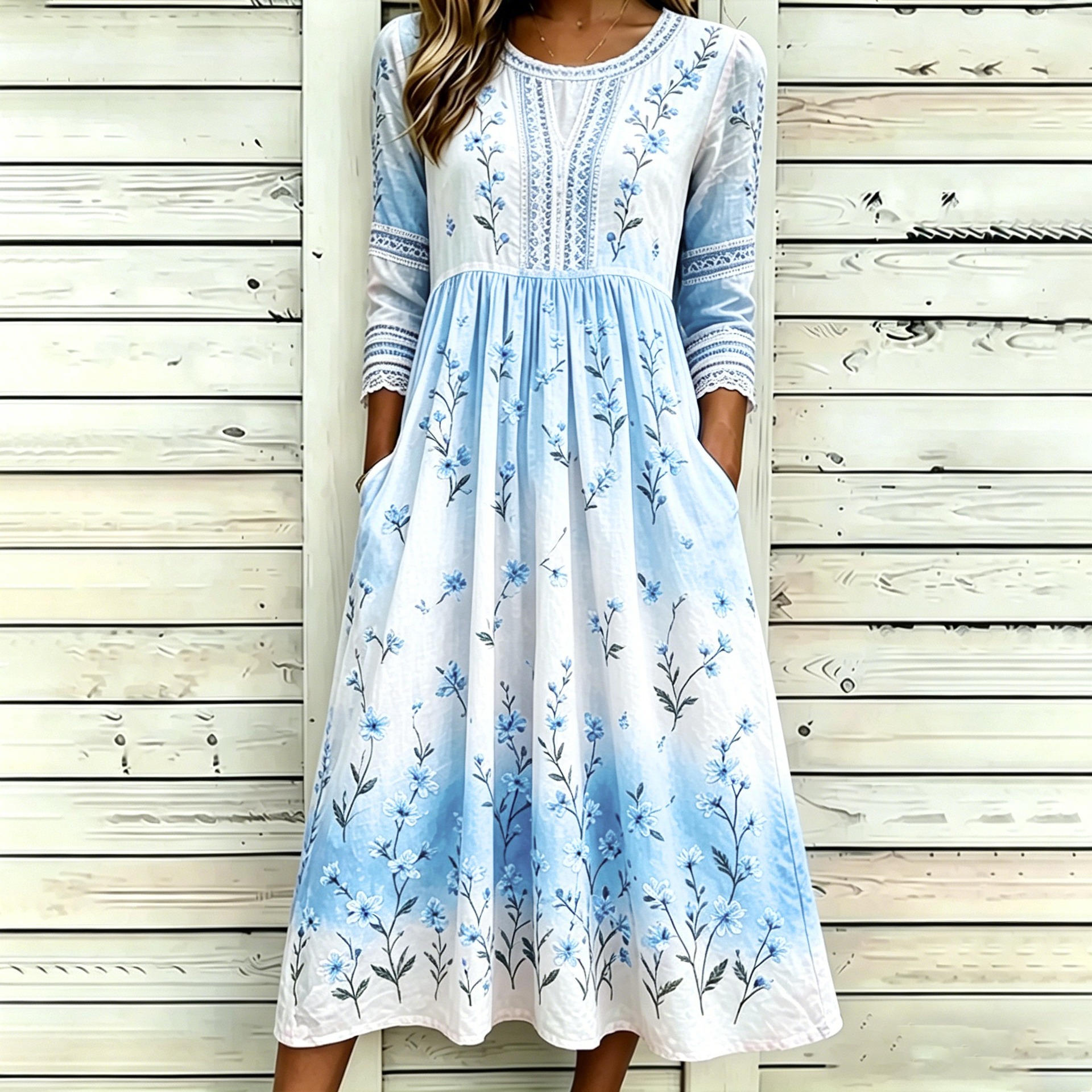 Women's Leaf Floral Butterfly Print Pleated Midi Dress