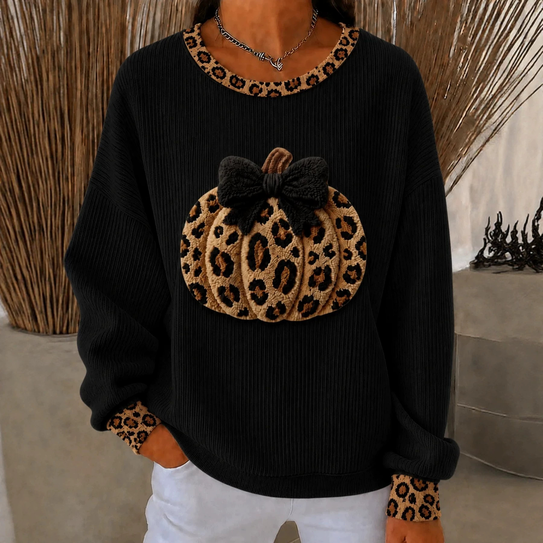 Pumpkin Leopard Bow Print Crewneck Long-Sleeve Women's Sweatshirt