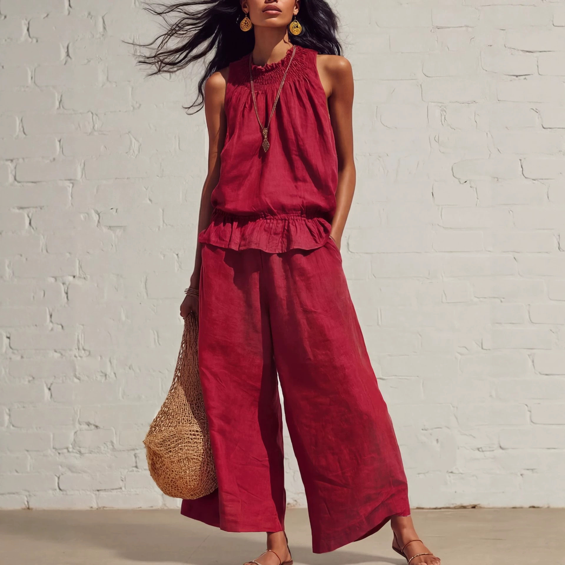 Women's Sleeveless Ruffle Top & Wide-Leg Pants Set
