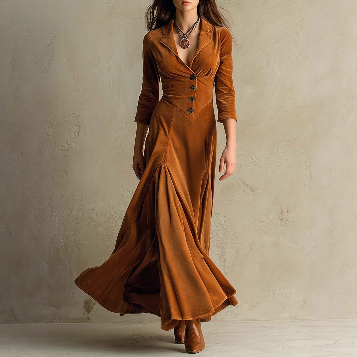 Solid Button Lapel Three-Quarter Sleeve Long Dress with Cinched Waist