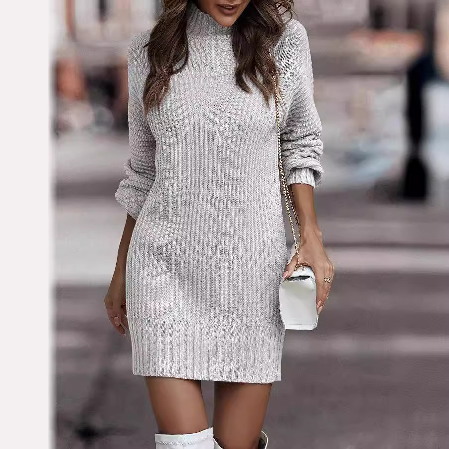 Women's Long Sleeve Turtleneck Sweater Dress Solid Color Knit