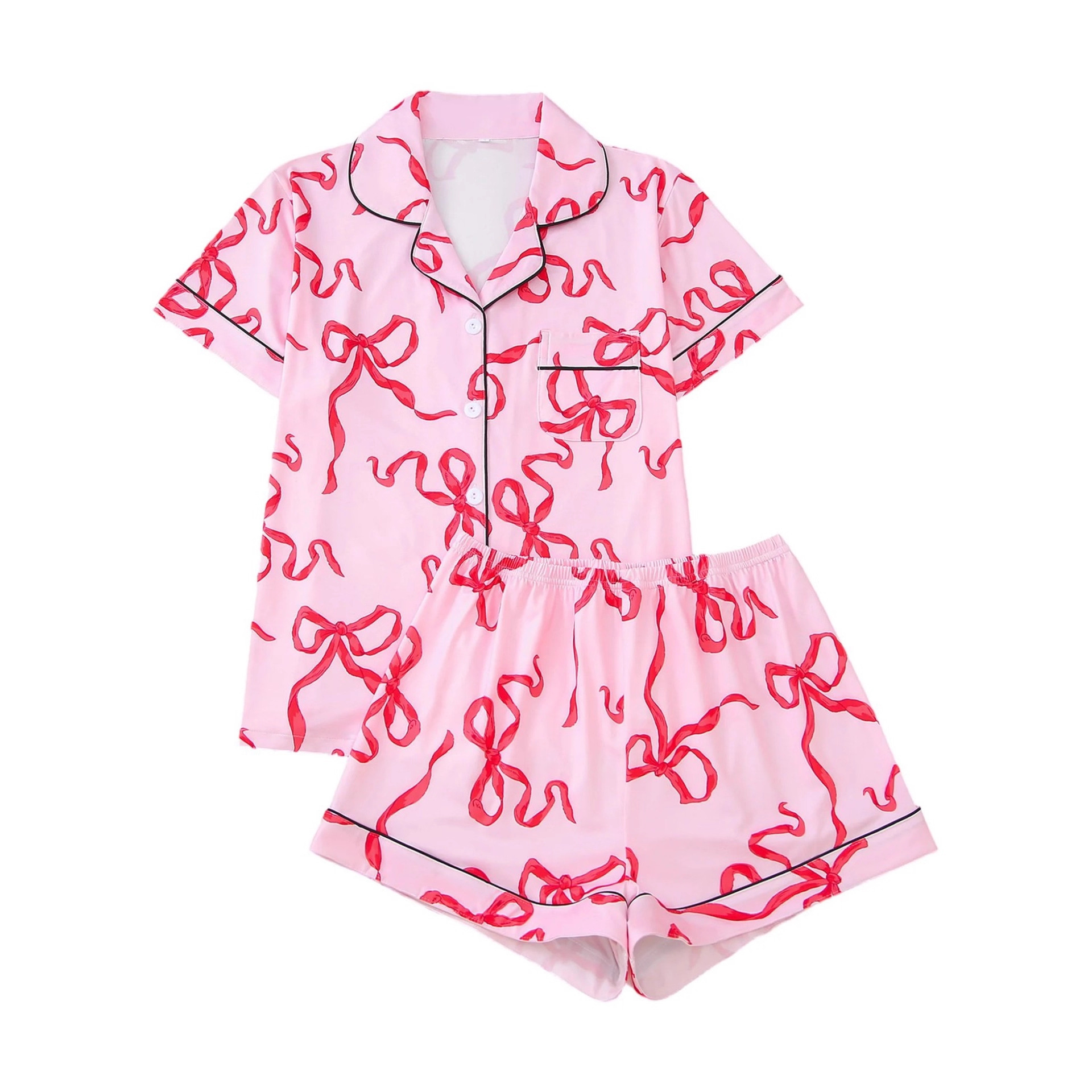Women's Cuban Collar Short Sleeve Shirt Set with Ribbon Bow
