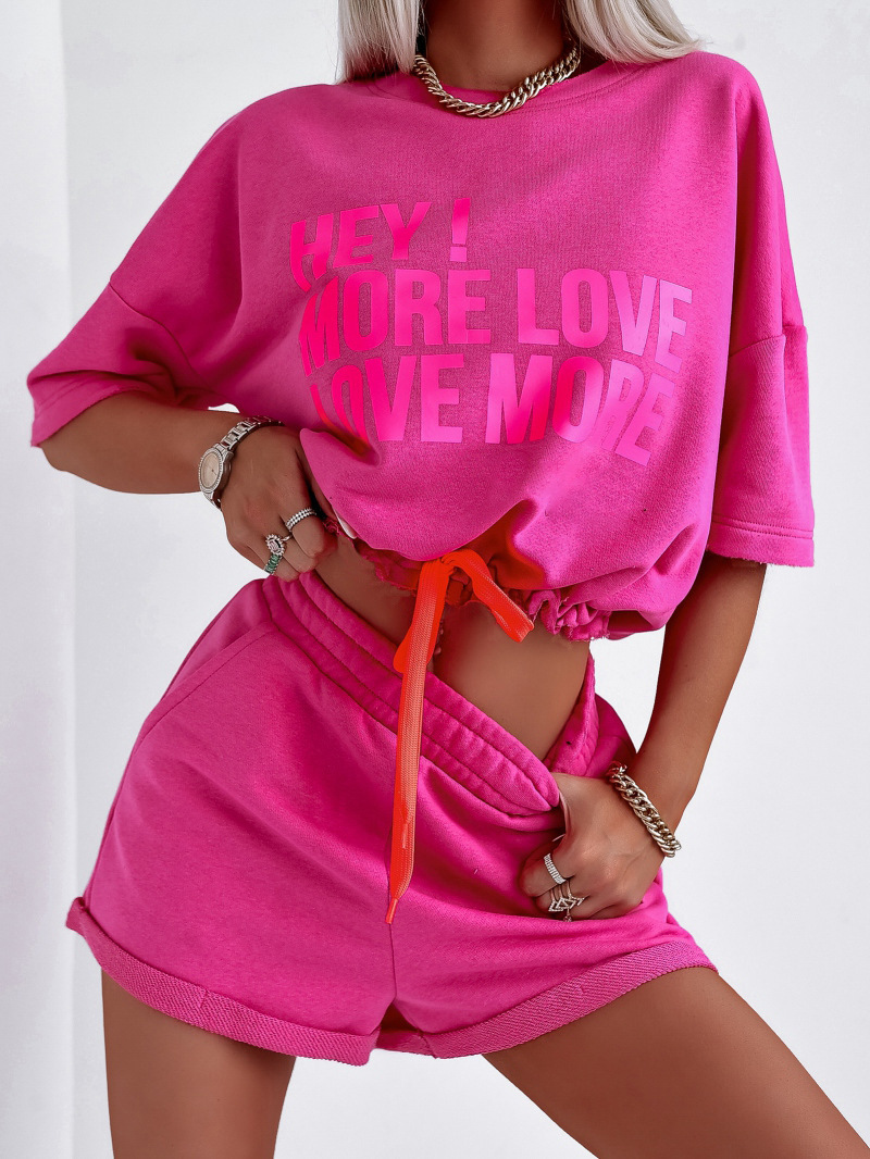 Women's Summer Two-Piece Short Sleeve Letter Print Top and Shorts Set