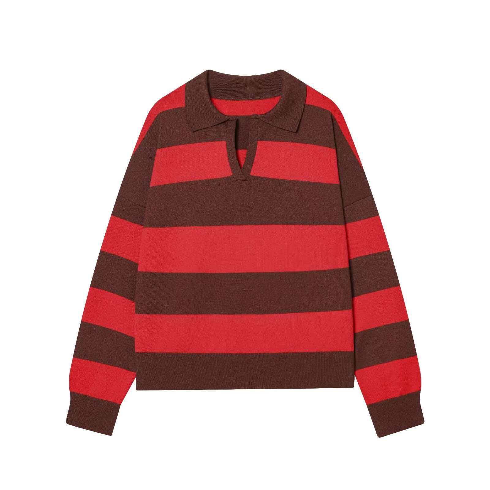 Retro Colorblock Striped Polo Neck Knit Sweater