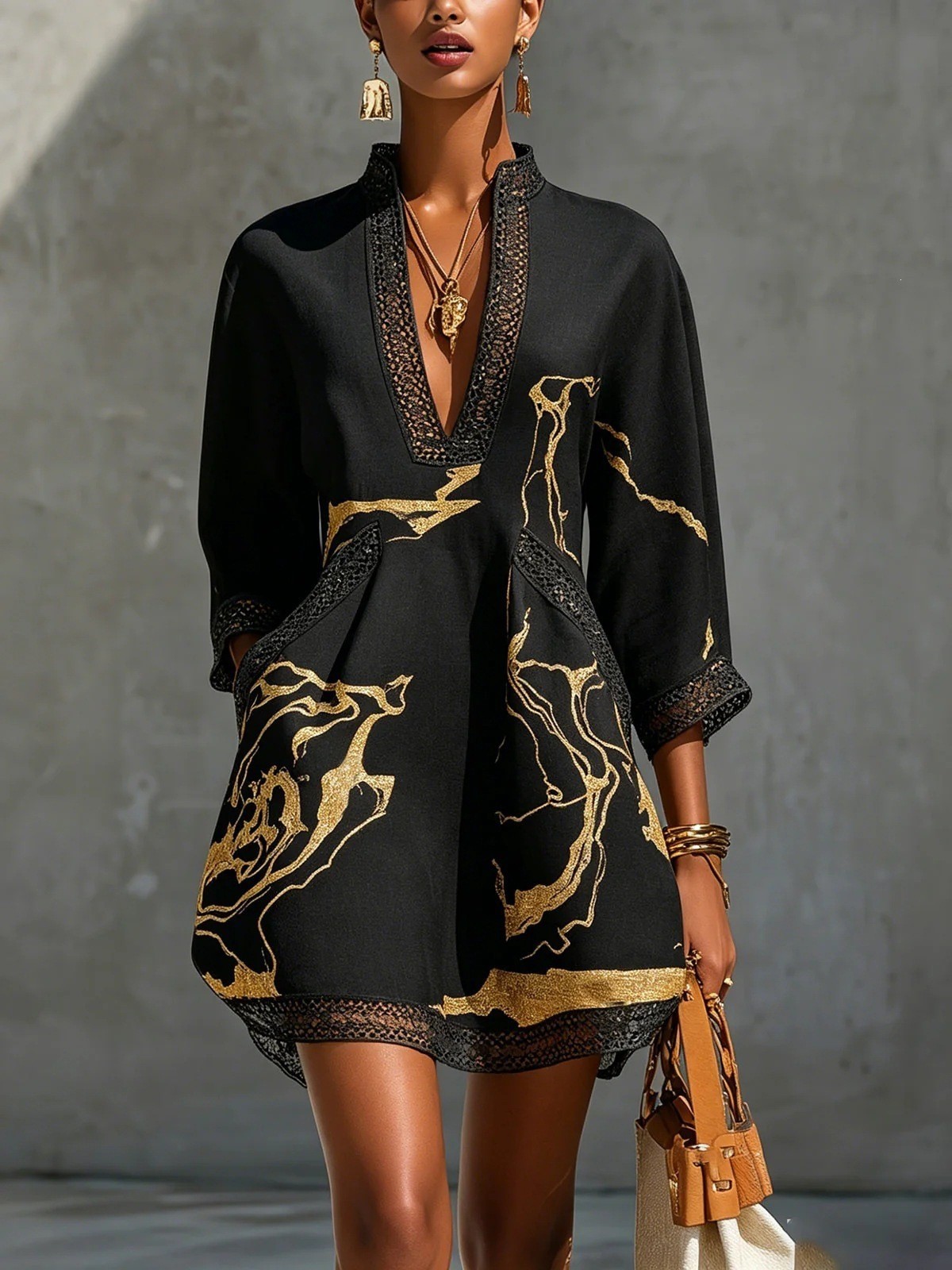 Gold Abstract Print V-Neck Lace Trim 3/4 Sleeve Loose Cotton-Blend Short Dress