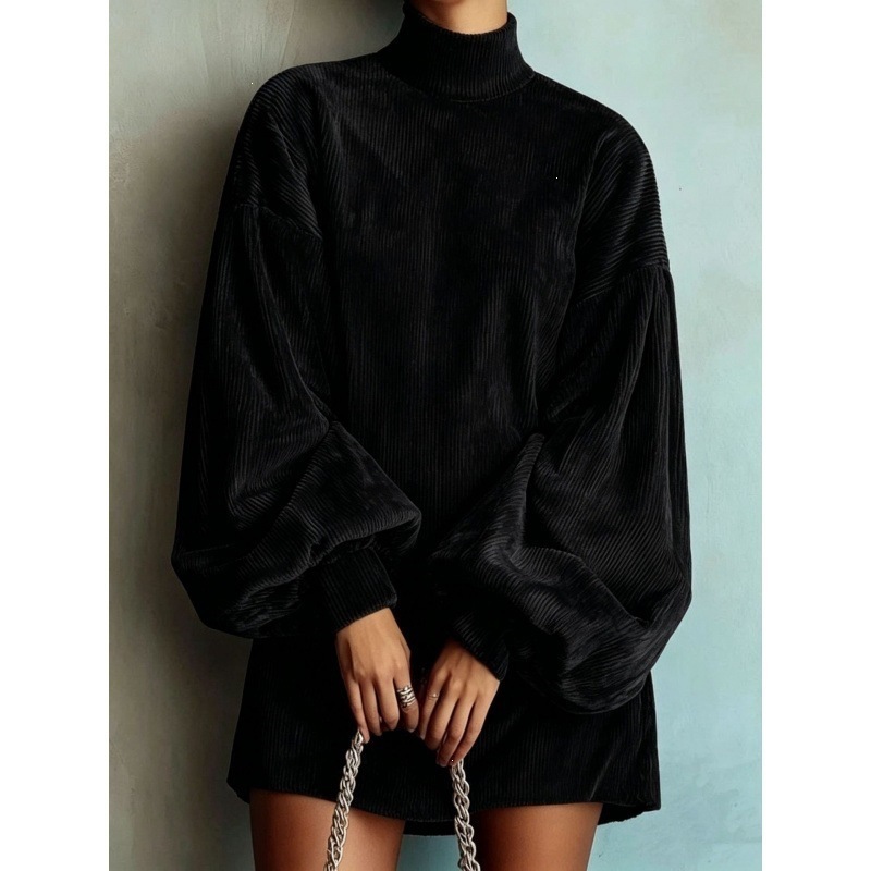 Women's Loose Lantern Sleeve A-Line Dress Corduroy Solid Color