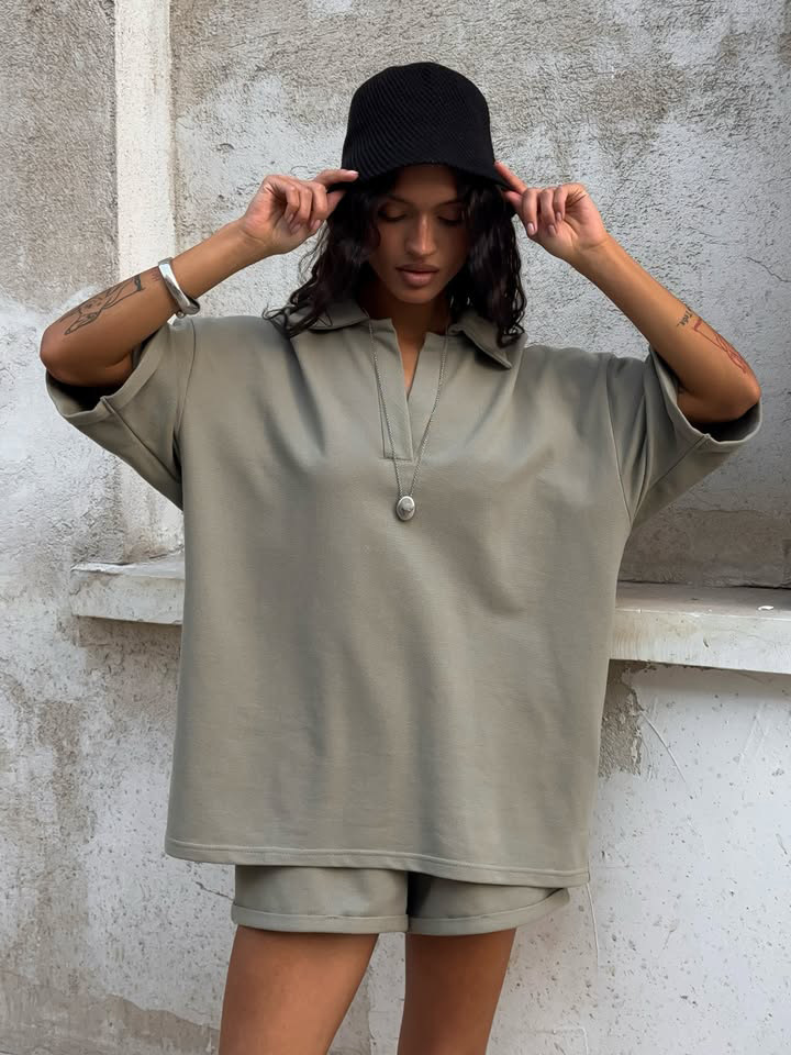 Women's Casual Polo Shirt and Pants Set Loose Streetwear Two-Piece