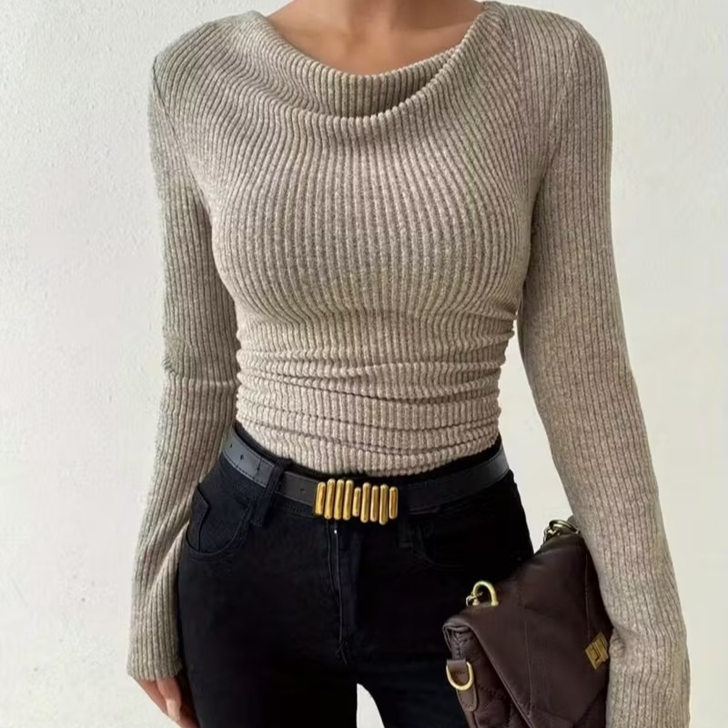 French Draped Cowl Neck Ribbed Knit Long Sleeve Top