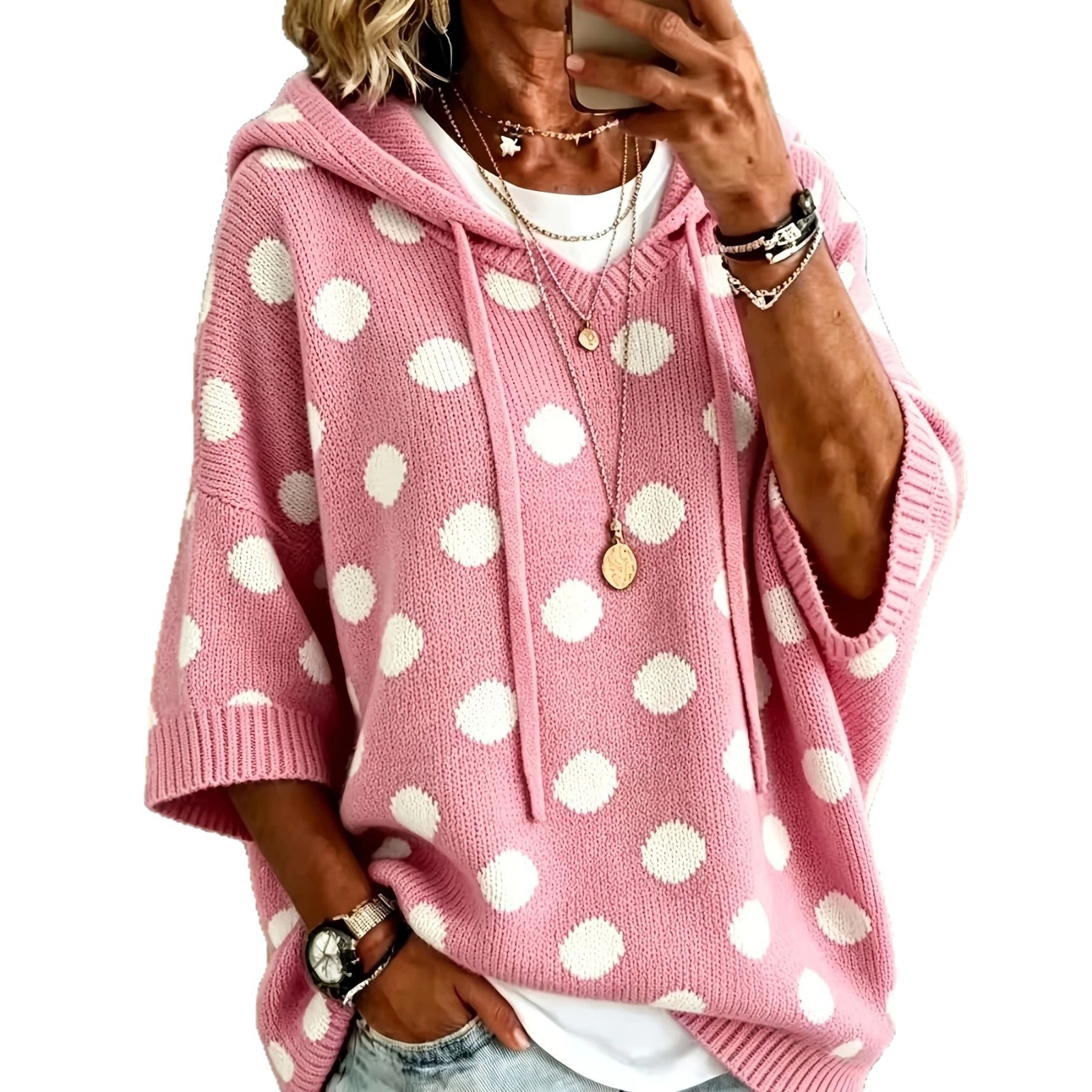 Polka Dot Hooded Women's Pullover Sweater Loose Fit Mid-Length