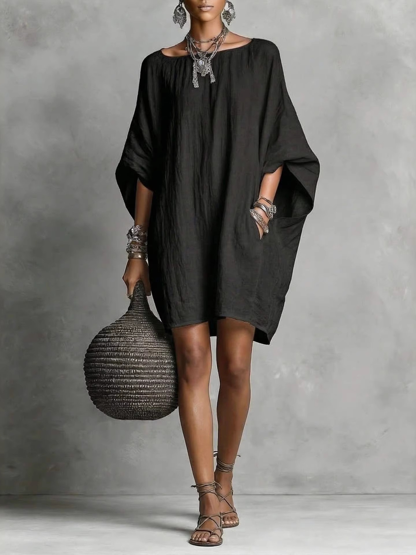 Women's Vintage Off-Shoulder Long Sleeve Midi Dress Solid Color Cotton-Linen Casual