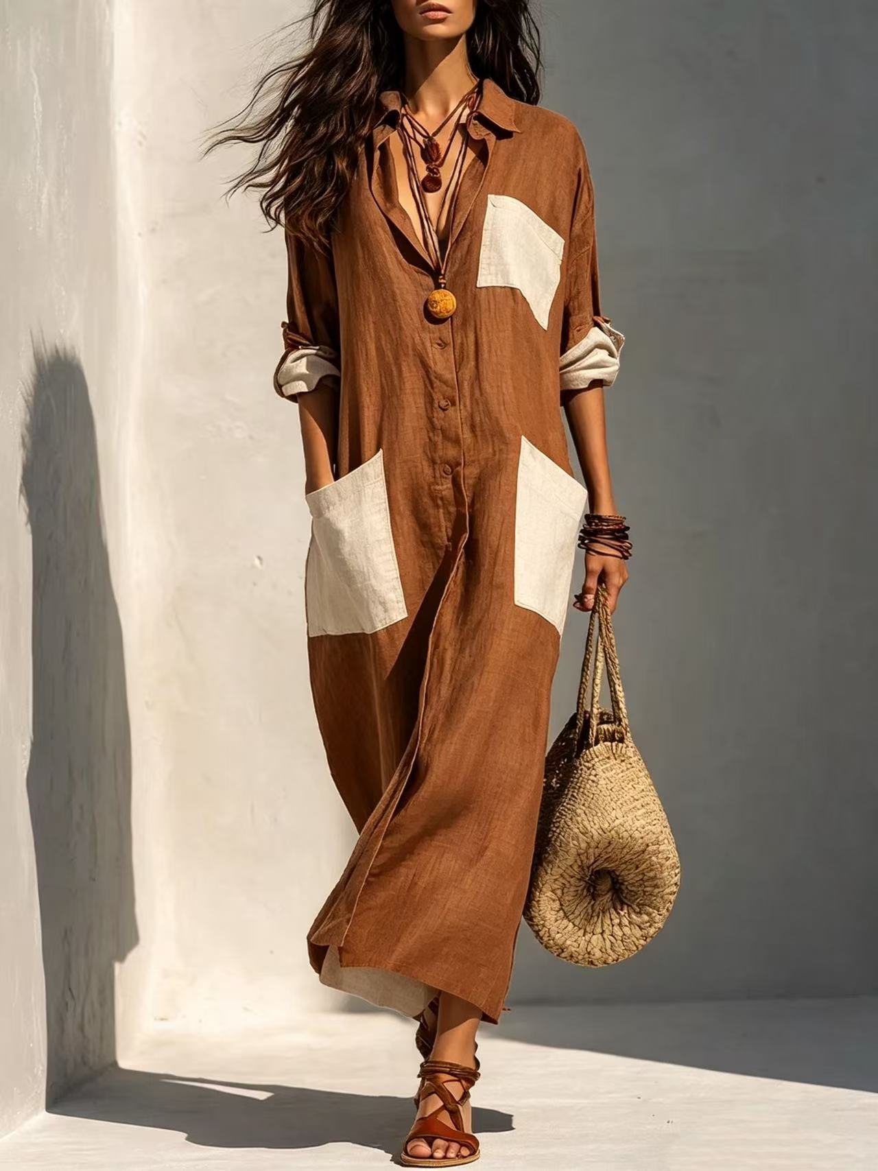 Color-Block Patch Pocket Shirt Dress Retro Loose Collared Vacation Dress