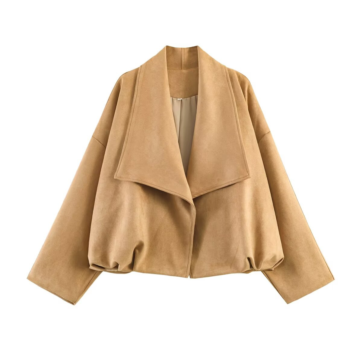 Women's Faux Suede Wrap Coat Long Sleeve Lapel Collar Khaki