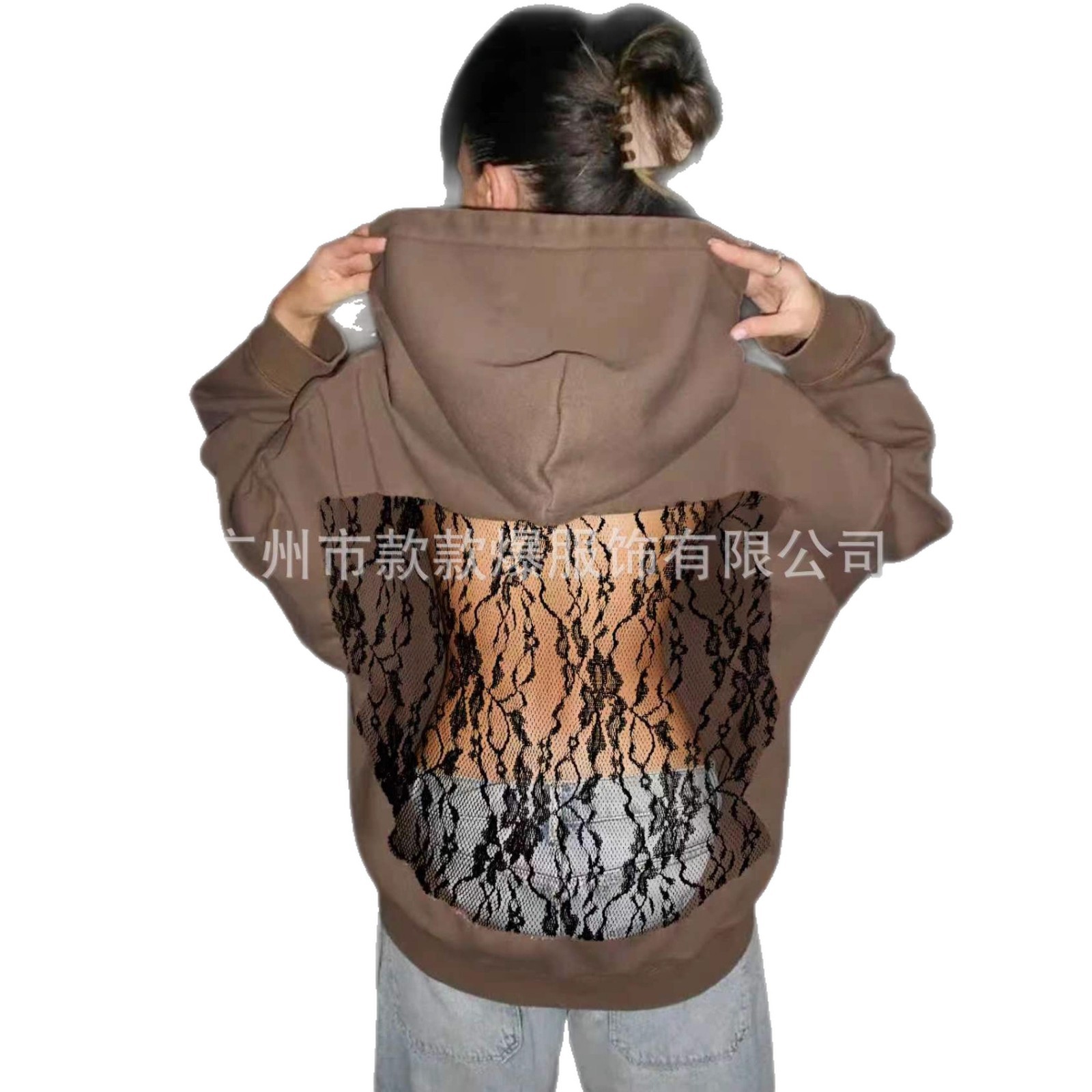 Women's Solid Color Hooded Long Sleeve Open Back Lace Hoodie