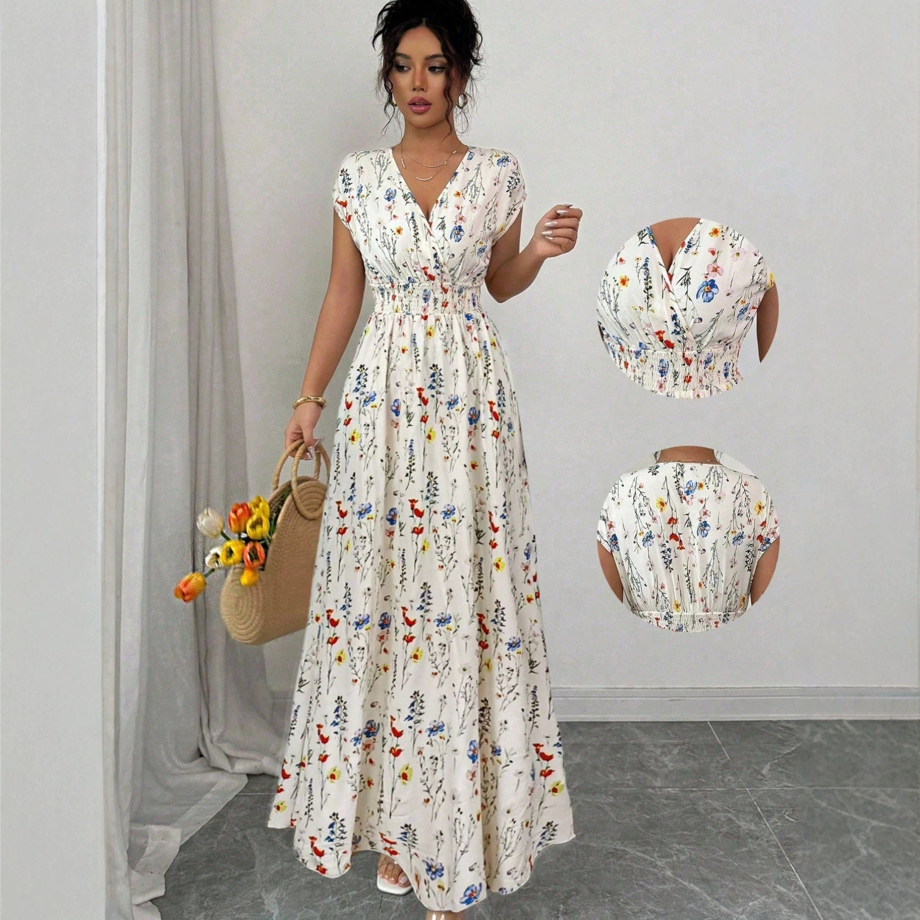 V-Neck Short Sleeve Floral A-Line Midi Dress