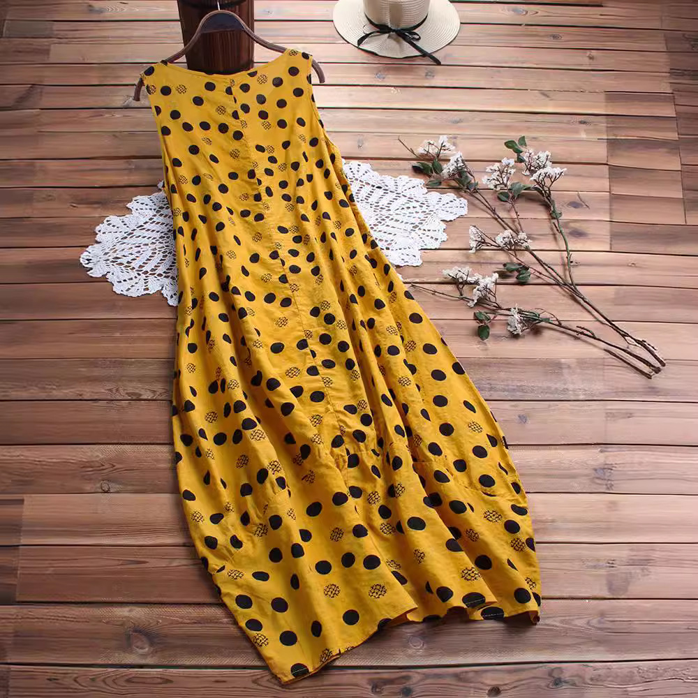 Women's Sleeveless Polka Dot Dress with Ruched Waist and Off-Shoulder Design