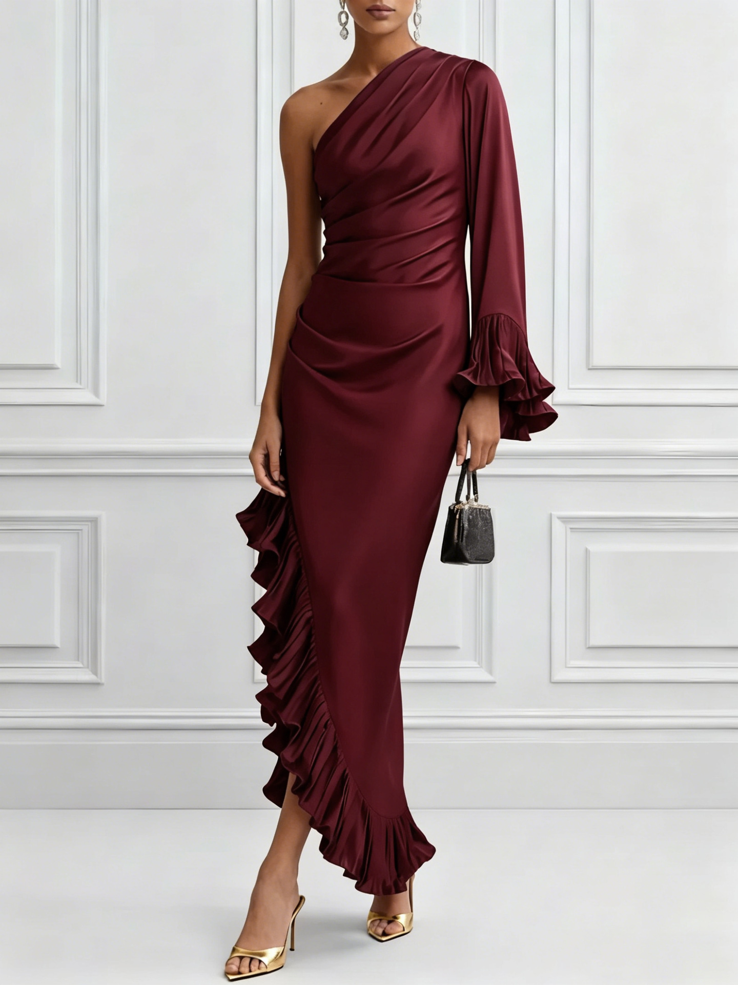 Solid Satin Off-Shoulder Ruched Asymmetrical Dress