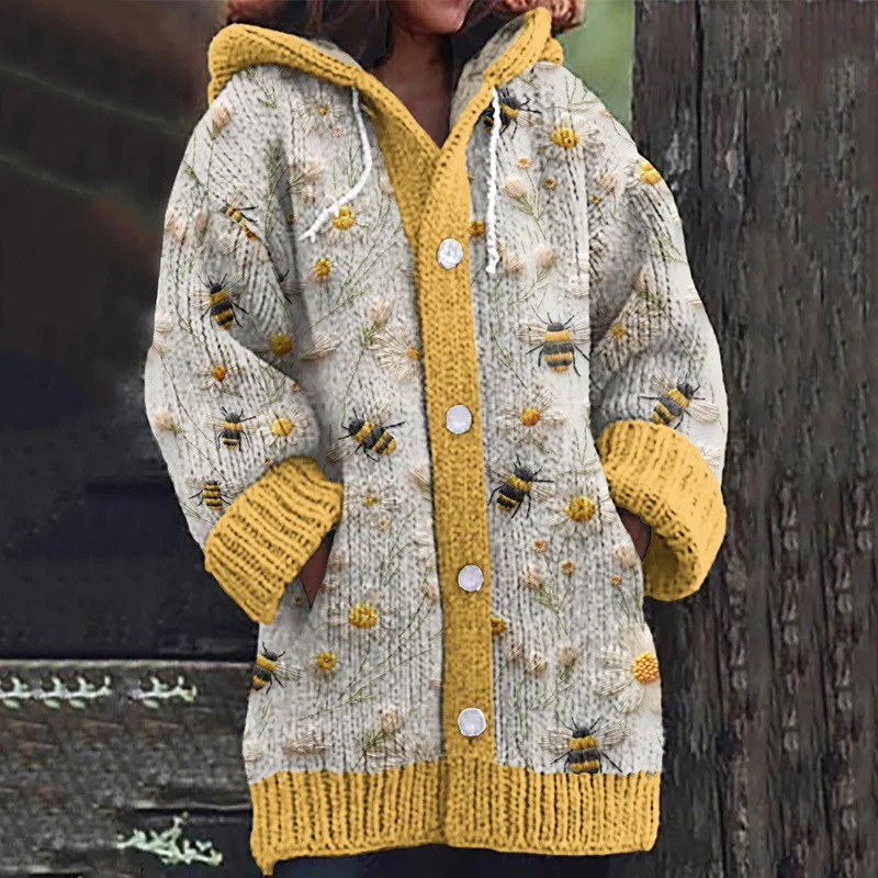 Women's Animal & Plant Print Hooded Button Cardigan
